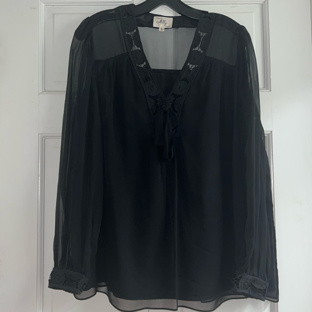 Milly Long Sleeve With Sheer Sleeves, Black Blouse Women’s Size 8